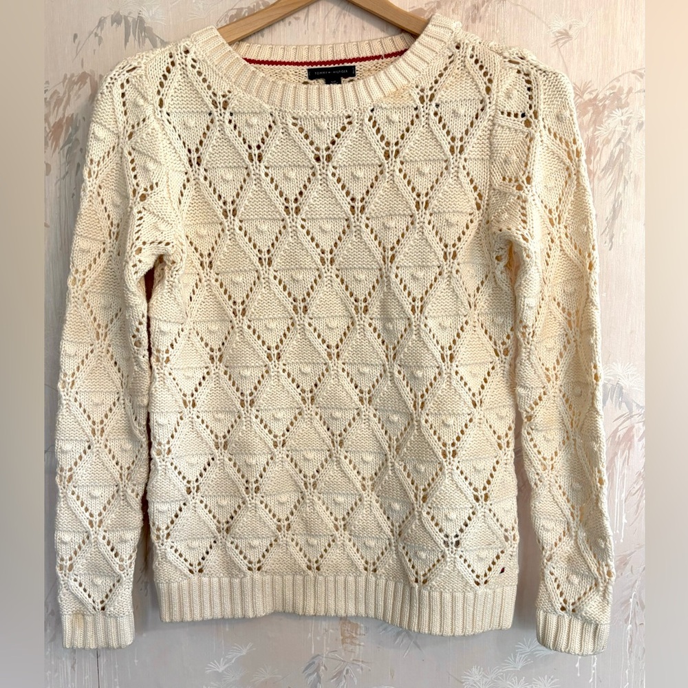 Tommy Hilfiger Cream Open Knit Diamond Pointelle Pom Pom Sweater SP - Picture 8 of 8